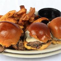 French Dip Sliders · Three sliders topped with our great roast beef and provolone, served on mini brioche buns. C...