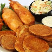 Fish And Chips · Three beer battered cod strips served with English chips and fresh slaw. Served with tartar ...