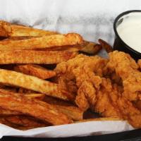 Chicken Finger Dinner · Three chicken fingers with hand cut fries and our homemade ranch.