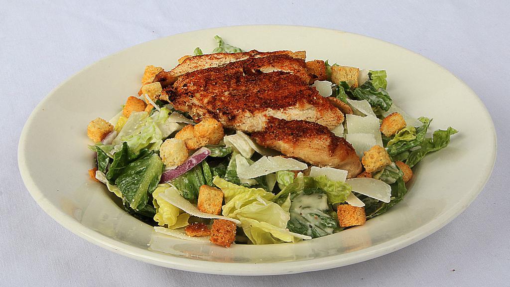 Chicken Caesar Salad · Grilled Amish chicken breast on a bed of romaine with fresh croutons, sweet red onions, parmesan cheese and housemade Caesar dressing.