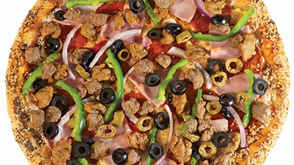 Pricebuster Pizza · Pepperoni, ham, Italian sausage, beef, red onion, green pepper, fresh mushrooms, green and black olives.