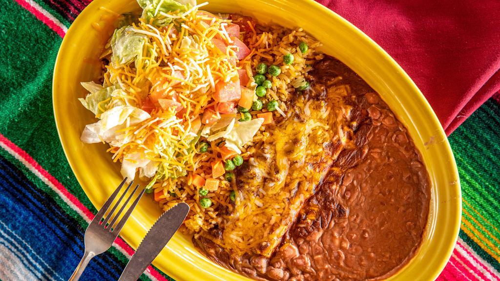 Juarez Dinner · Crispy or soft taco-chicken, ground beef or shredded beef and one enchilada your choice of cheese, chicken or beef.