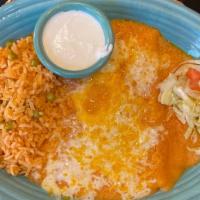 Enchiladas Suizas · Vegetarian. Two cheese & onion enchiladas topped with a gravy style sauce & a blend of monte...