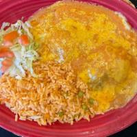 Chile Relleno · Vegetarian. A mild green pepper stuffed with cheese & onion, dipped in egg batter deep fried...