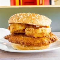 Chick-A-Doodle Doo · Country style fried chicken breast, Thousand Island dressing and 2 fried onion rings.