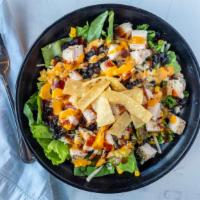 Sw Bbq Salad · New. Romaine, diced tomatoes, black beans, corn, diced grilled chicken, pepper jack cheese, ...