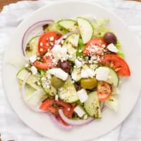 Chicken Greek Salad · Mixed greens, tomatoes, cucumbers, onions, olives, beets, pepperoncini’s, chickpeas, feta ch...