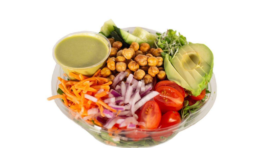 Spinach & Microgreens · Baby spinach, microgreens, shaved carrots, cherry tomato, avocado, red onion, cucumber, roasted chickpeas. Served with Garlic Basil Dressing