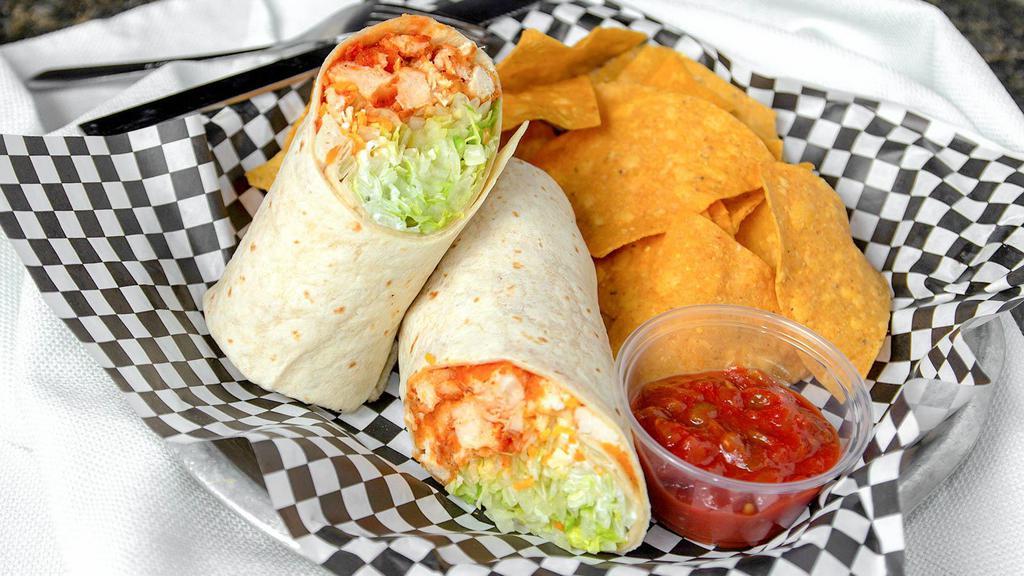 Firehouse Buffalo Chicken Wrap · Breaded and fried or grilled chicken with our Sunbury favorite Buffalo sauce, cheese, and lettuce, served in our fresh wrap.  Served w/Tortilla Chips & Salsa.
