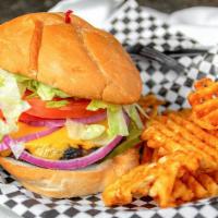 Average Joe Burger · Topped with American cheese, lettuce, tomato, pickle, and onion.