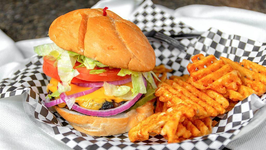 Average Joe Burger · Topped with American cheese, lettuce, tomato, pickle, and onion.