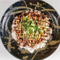 Char Siu Donburi · Hand sliced Char Siu pork, Japanese mayo, Chef special sauce, green onion, rice seasoning no...