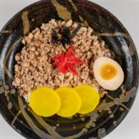 Shredded Char Siu Donburi · Shredded char siu, half cooked egg, Japanese picked radish, rice seasoning nori over white r...