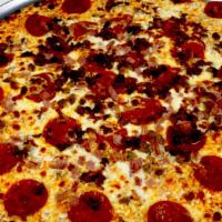 Mad Meat 12” Thin Crust · Italian sausage, pepperoni, ham, and bacon.