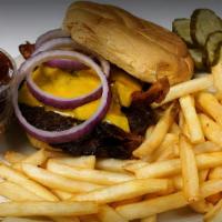 Bbq Bacon Cheeseburger · Topped with bacon, Carey's secret BBQ sauce, melted cheddar cheese, and chipotle mayo.