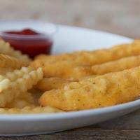 Chicken Strips & Fries · A basket of fries and four chicken strips. Perfect for kids!