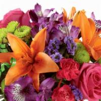 Birthday Cheer Bouquet · Hot pink roses and orange Asiatic Lilies are vibrant and fun surrounded by purple Peruvian L...