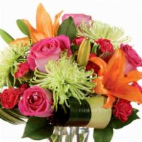 Starshine Bouquet · Hot pink bi-coloured roses, orange Asiatic Lilies, green Fuji Chrysanthemums, hot pink mini ...