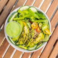 Get Your Green On · Quinoa, arugula, avocado, cucumber sliced grape tomato, green onions, pesto dressing lemon-h...