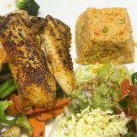 Yucatan Tilapia · Grilled tilapia fish fillet, over a bed grilled broccoli, zucchini, mushrooms, red bell pepp...
