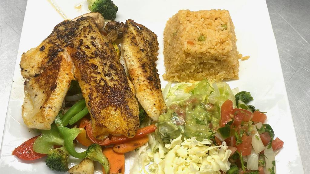 Yucatan Tilapia · Grilled tilapia fish fillet, over a bed grilled broccoli, zucchini, mushrooms, red bell pepper, green pepper, served with rice and guacamole salad.