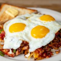 The Famous Garbage Platter-Only Offered Before 11Am · A Mound of Crispy Hash Browns Grilled with Onions, Bell Peppers, Ham, Bacon, Sausage and Che...