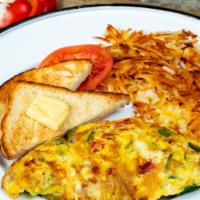 Create Your Own Omelette-Only Offered Before 11Am · Choose Your Favorite 3 Ingredients.  Served with Hash Browns and Toast.
