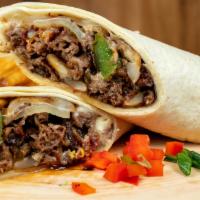 Philly Steak Wrap · Thinly Sliced Beef Seared with Bell Peppers, Onions, Mushrooms, and Melted White Cheese in a...