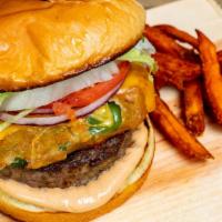 Blazin' Burger · Topped w/ Fried Jalapenos, Cheddar Cheese, Lettuce, Onion, Tomato, and Chipotle Mayo