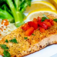 Grilled Salmon  · Alaskan Salmon Lightly Seasoned Pan Fried and Served Over Rice and Veggies.