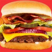 Double Bacon Cheeseburger · Two beef patties, two slices of
American cheese, bacon, tomato,
lettuce, onion, pickles, mayo.
