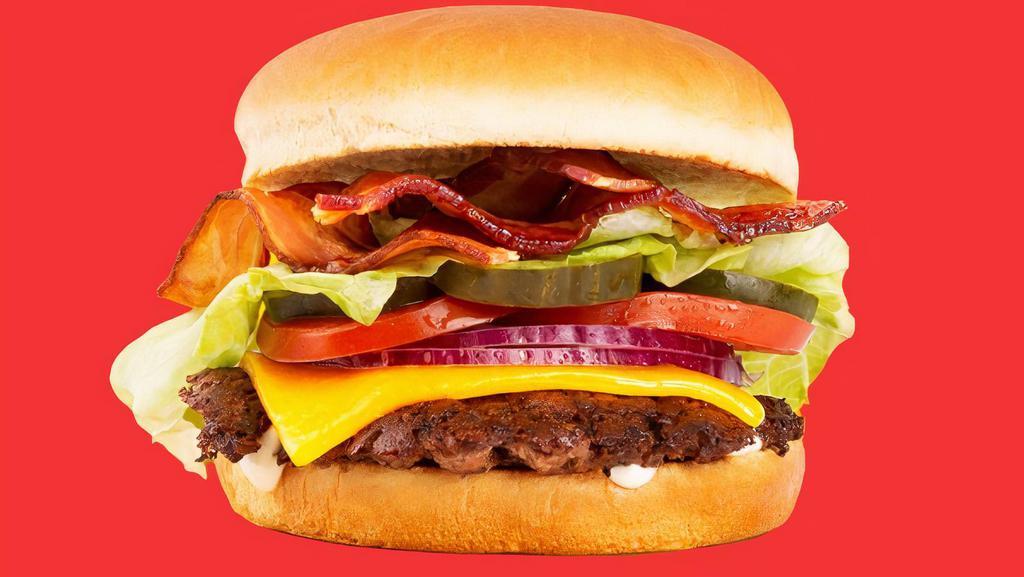 Double Bacon Cheeseburger · Two beef patties, two slices of
American cheese, bacon, tomato,
lettuce, onion, pickles, mayo.