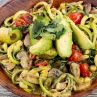 Zucchini Avocado Noodles · Zucchini noodles, grape tomatoes and mushrooms sautéed with olive oil and tossed in avocado ...