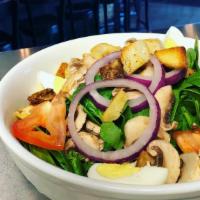 Spinach Salad · spinach, mushrooms, onion, fresh tomato, egg & croutons. 
Served with choice of salad dressi...