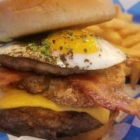 Hangover Special  · house beef patty topped with american cheese, breakfast sausage, bacon, fried egg & hash bro...