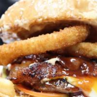 Rodeo Burger · Patty Burger, Bacon,  Cheddar and American Cheese, Onion Rings, BBQ Sauce, lettuce, Tomato, ...