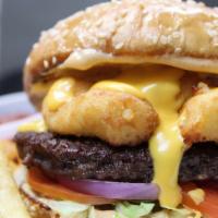 Cheese Curd Burger · Patty Burger,  Cheese Curds, Nacho Cheese Sauce, Lettuce, Tomato, Onions, Chipotle Mayo, Ses...