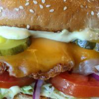 American Chicken Sandwich · Breaded Chicken Breast, Bacon, Cheddar and American Cheese, Lettuce, Tomato, Onions, Pickles...