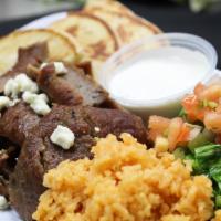 Gyro Platter · Pita, gyro meat, Mexican rice, lettuce, pico, feta cheese, fajita peppers, tzatziki sauce.