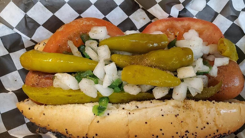 The Chi-Town · Poppy seed bun, dill pickle, tomatoes, relish, onion, sport pepper.