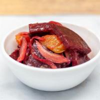 Beet & Orange Salad · GF, Vegan | A half pint of roasted beets with fresh oranges, red onion, and fennel all tosse...