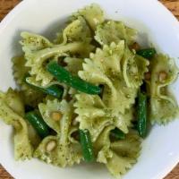 Farfalle Pesto Salad · V | A half pint of bow-tie shaped pasta tossed with basil pesto, Parmesan cheese, blanched g...