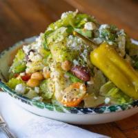 Large Greek Salad · GF, V | Serves 1-2 | Romaine, Feta cheese, Kalamata olives, cucumber, green pepper, red onio...