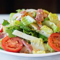 Large Jersey Salad · GF | Serves 1-2 | Romaine, chopped genoa salami, Capicola Ham, provolone cheese, tomatoes, o...