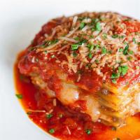 Lasagna Siciliana · Housemade egg pasta layered with Italian sausage, mozzarella, Grana Padano, and Sugo Betti t...