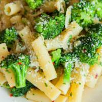 Rigatoni Broccoli · V | Rigatoni pasta with broccoli, garlic, crushed red pepper and pecorino cheese.