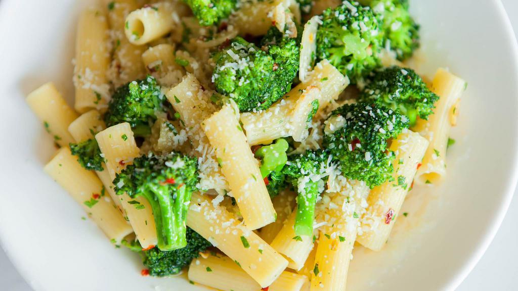 Rigatoni Broccoli · V | Rigatoni pasta with broccoli, garlic, crushed red pepper and pecorino cheese.