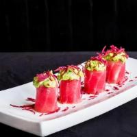 Tuna-Avo Bites · fresh tuna wrapped around sushi rice on top with creamy avocado wasabi tobiko top with crunc...