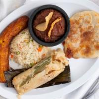 Combinación Guanaca · A platter of Salvadoran favorites – mixed pupusa, tamal, plantains, rice, and refried beans....
