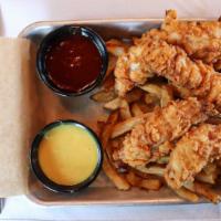 Chicken Tenders · 5 hand breaded chicken tenders. Served on a bed of fries. Comes with BBQ and honey mustard f...